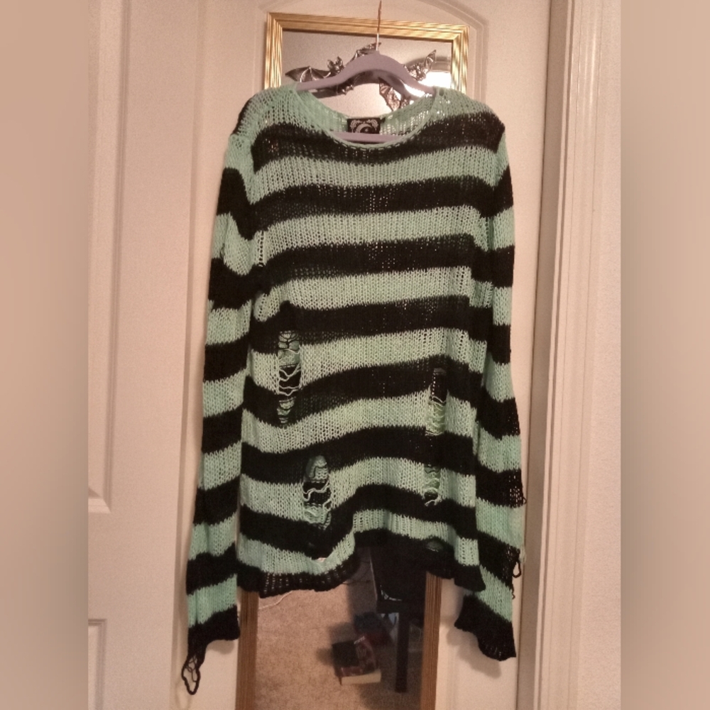 Killstar Black and Mint Striped Sweater